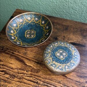 Vintage Brass Blue Enameled Jewelry Trinket Box & Footed Plate Pair set